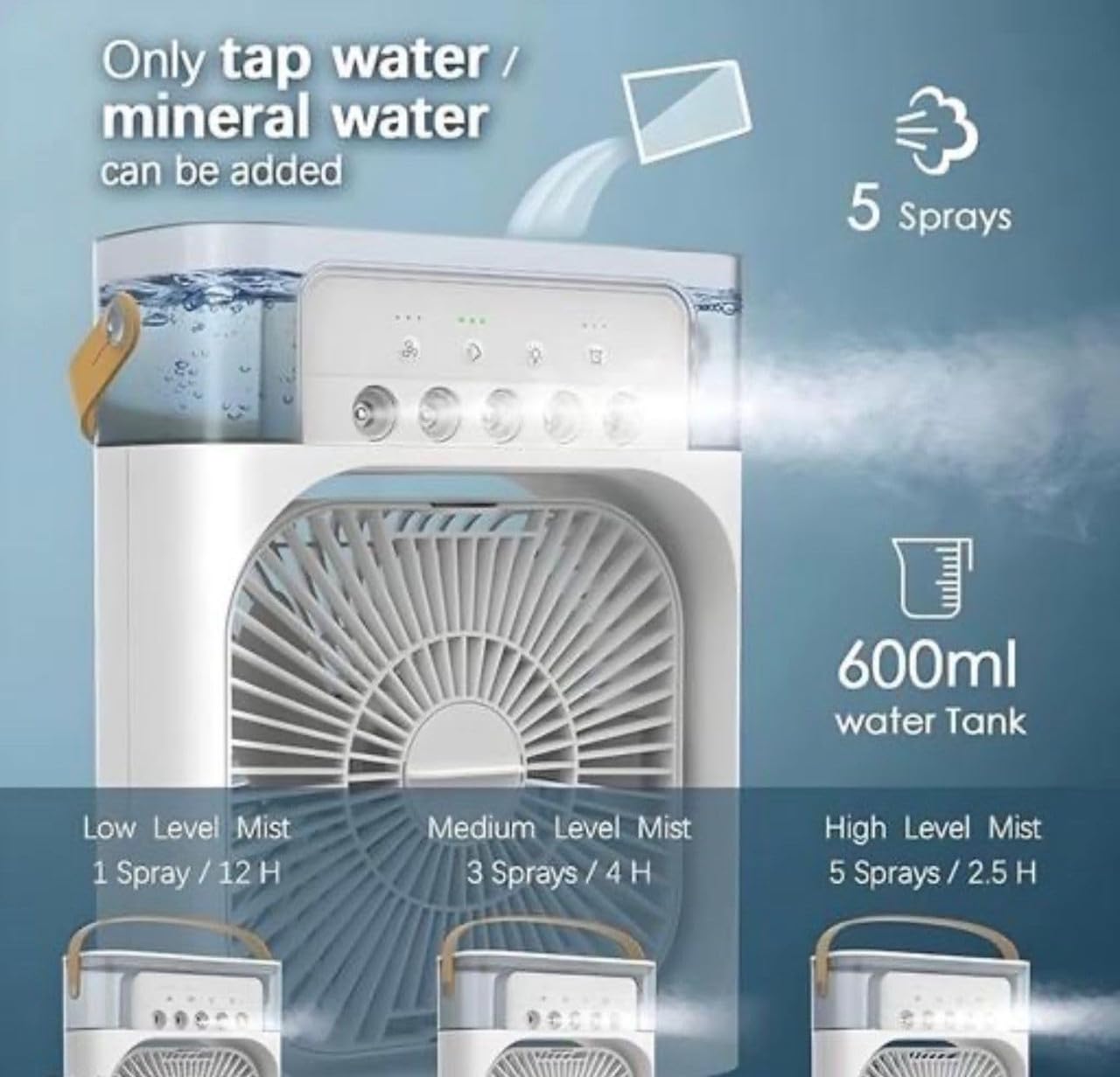 Portable Mini Air Cooler Fan with Humidifier & Mist Spray - Personal Cooling Fan for Home, Office & Travel