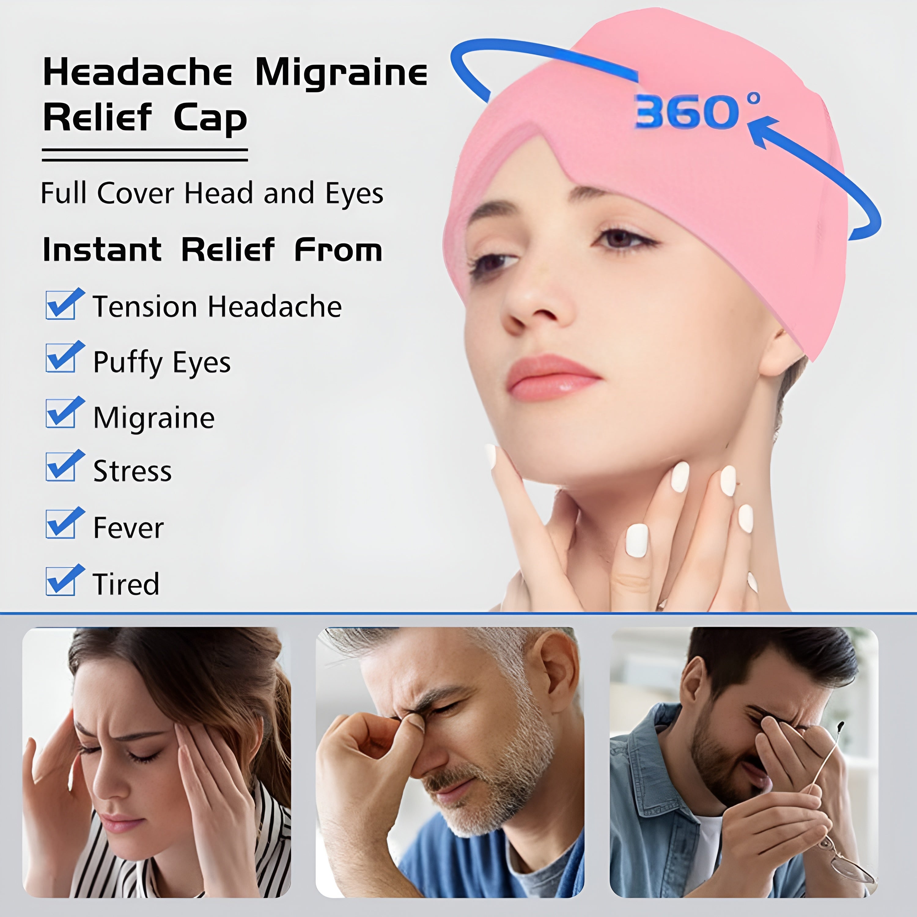 Reusable Hot & Cold Migraine Relief Cap Cooling & Heating Gel Head Wrap for Headaches,Sinus Relief & Stress