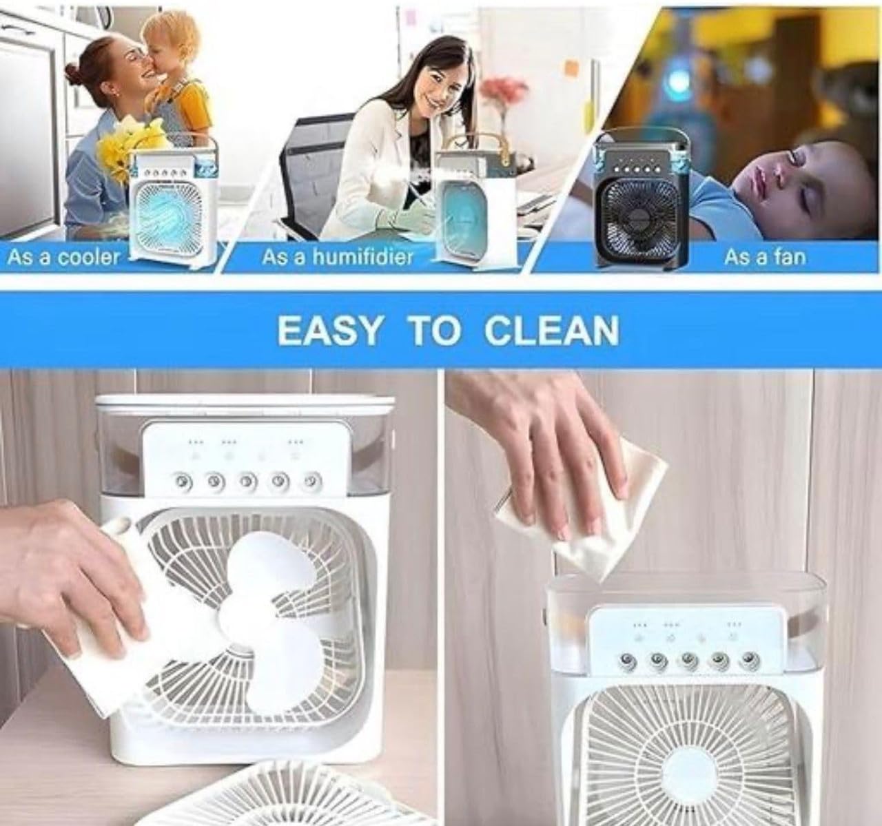 Portable Mini Air Cooler Fan with Humidifier & Mist Spray - Personal Cooling Fan for Home, Office & Travel
